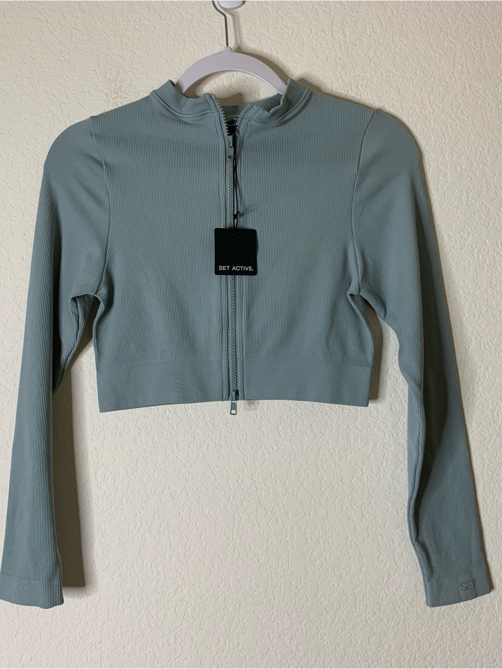 Set active Womens blue rain sculpt flex full zip crop shirt M NWT